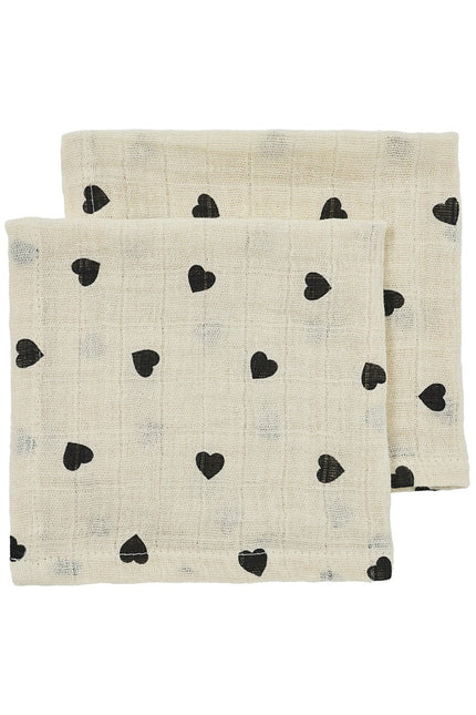 Monddoekjes 2 - pack pre - washed hydrofiel Sweet Heart - soft sand/black - 30x30cm - Babywinkel - 4054703683226