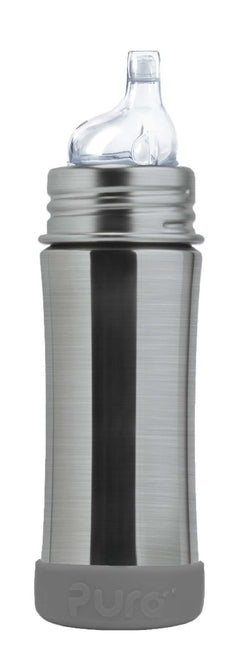 Pura Drinkfles Rvs 325 Ml + Silicone Tuitspeen + Silicone Reisdop + Grijze Bumper - Pura - Babywinkel - 858312007817